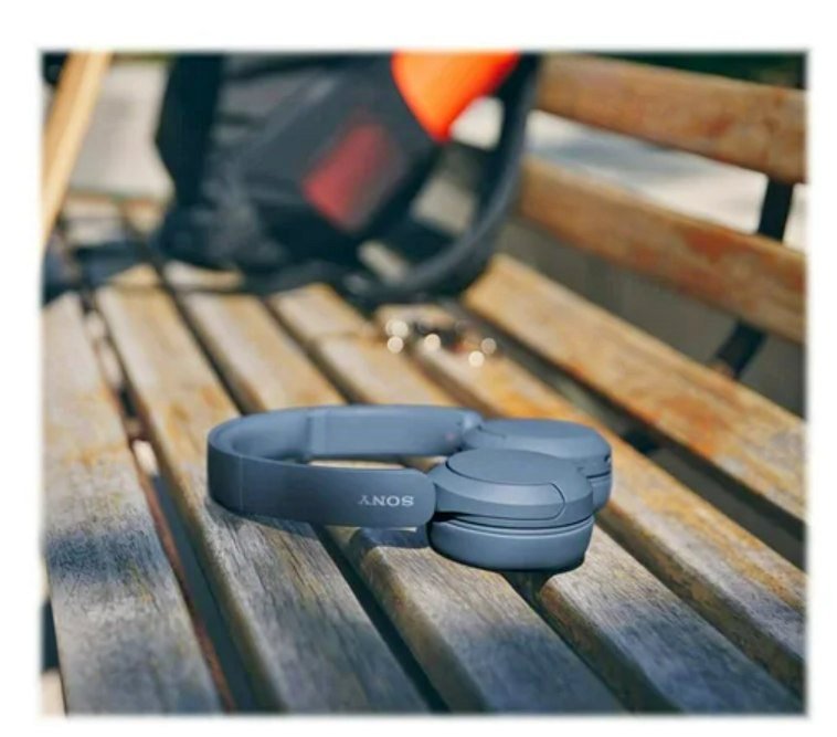 Light blue Sony headphones on wooden bench