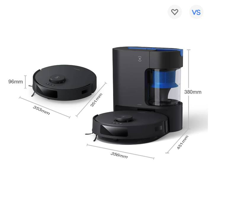 Comparison of two robot vacuums with dimensions labeled