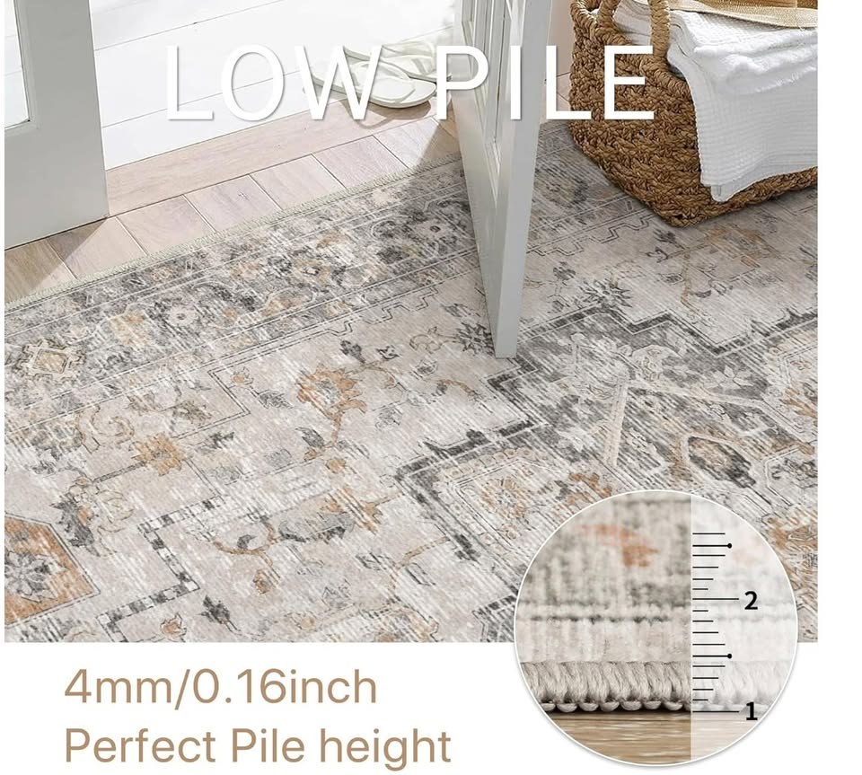 Patterned rug with a close-up of pile height measurement