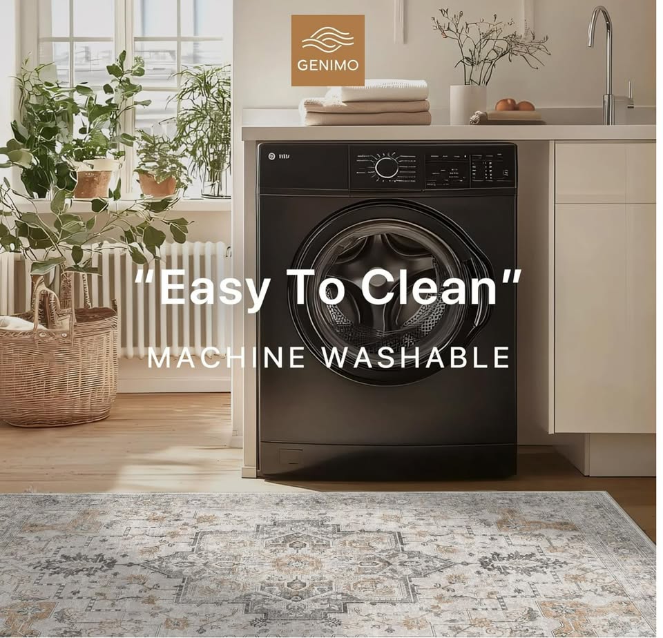 Black washing machine in a room with plants and furniture, featuring the GENIMO brand.
