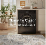 Black washing machine in a room with plants and furniture, featuring the GENIMO brand.