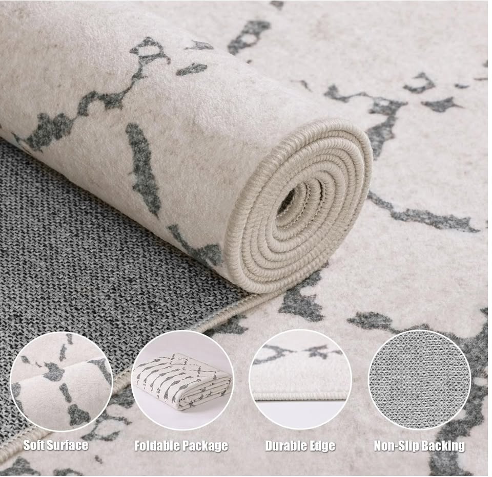 Rug with soft surface foldable package durable edge and non slip backing