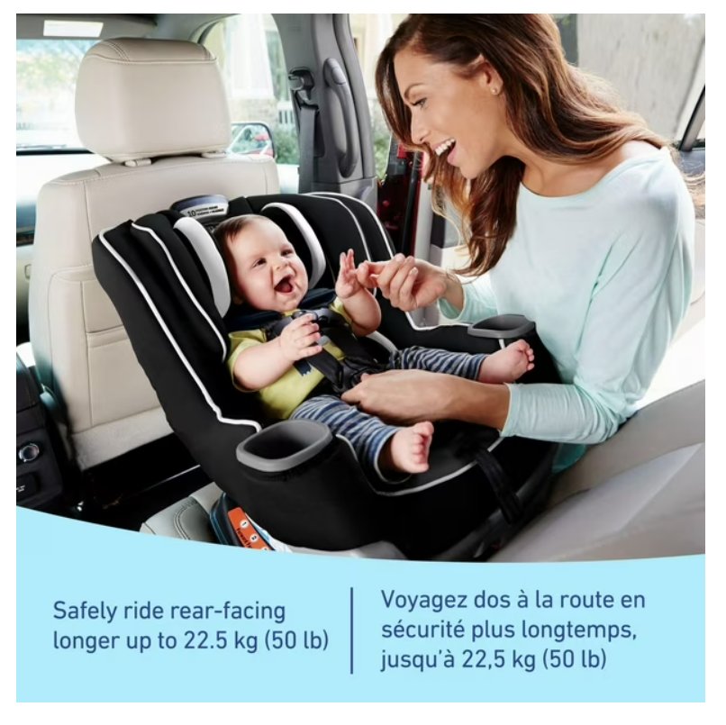 Woman interacting with a baby in a car seat inside a vehicle, with text about car seat safety.