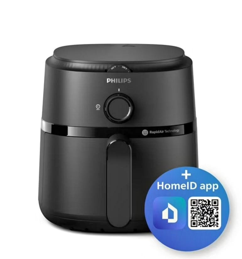 Black Philips air fryer with HomeID app icon