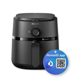 Black Philips air fryer with HomeID app icon
