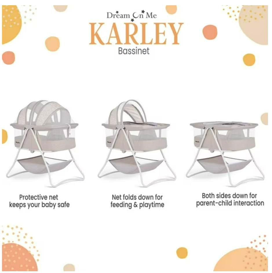 Dream On Me Karley bassinet with features highlighted on a white background