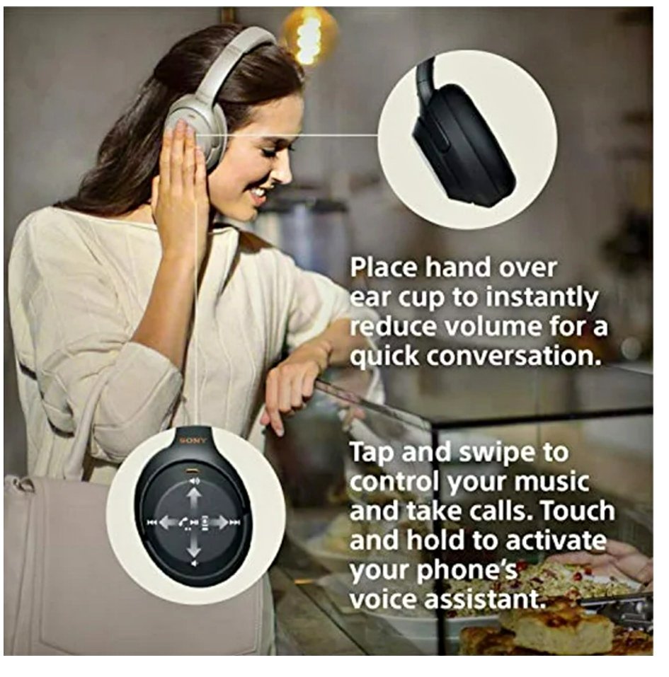 Woman wearing headphones with text explaining features