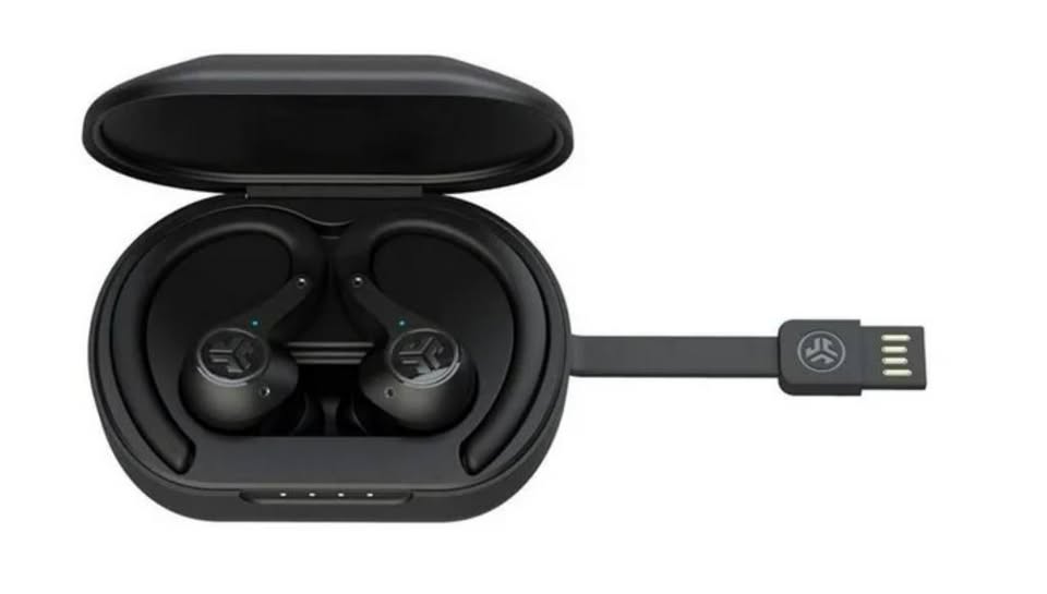 Black wireless earbuds with charging case and USB cable