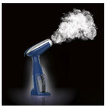 Blue handheld steamer emitting steam