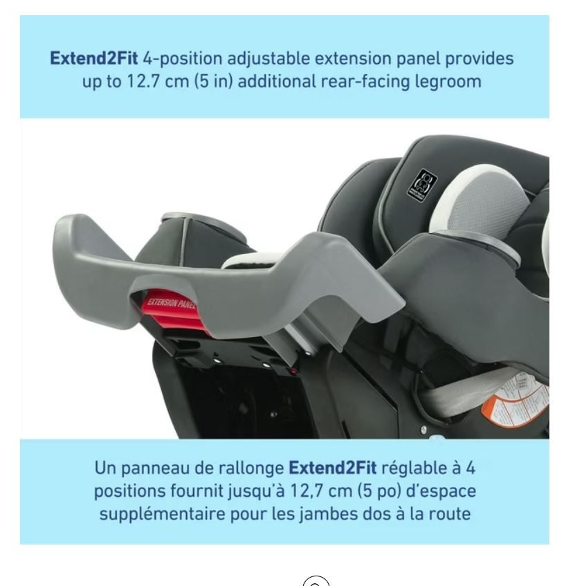 Child car seat with Extend2Fit adjustable extension panel