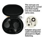 Black earbud case with earcups and accessories