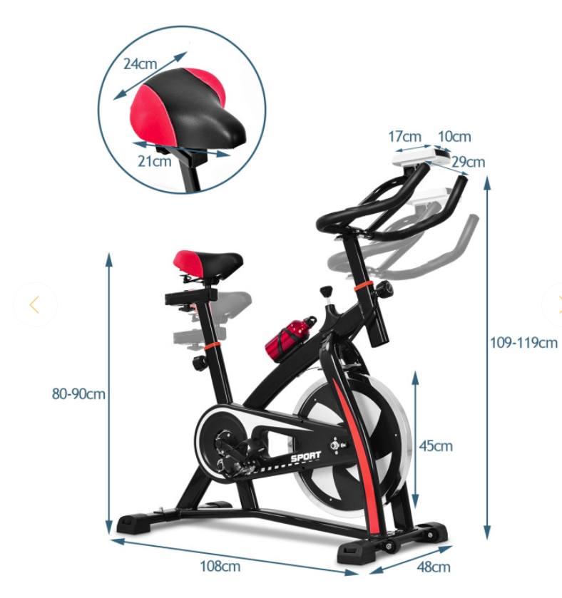 Dimensions of a black and red exercise bike with labelled measurements