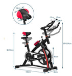 Dimensions of a black and red exercise bike with labelled measurements