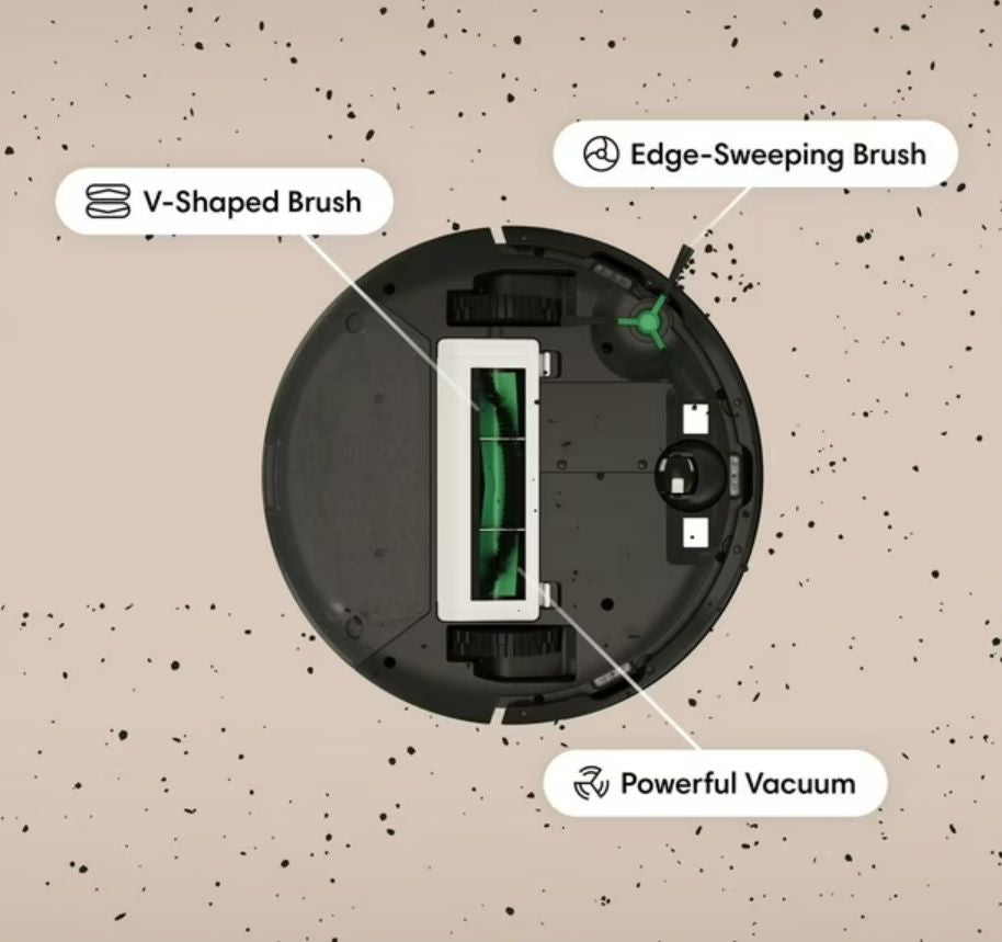 Diagram of a robot vacuum cleaner's brush and cleaning components speckled beige