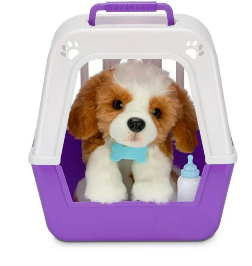 Stuffed dog in cage with milk bottle