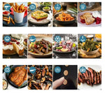 Grid of various food items with corresponding icons in the corners.