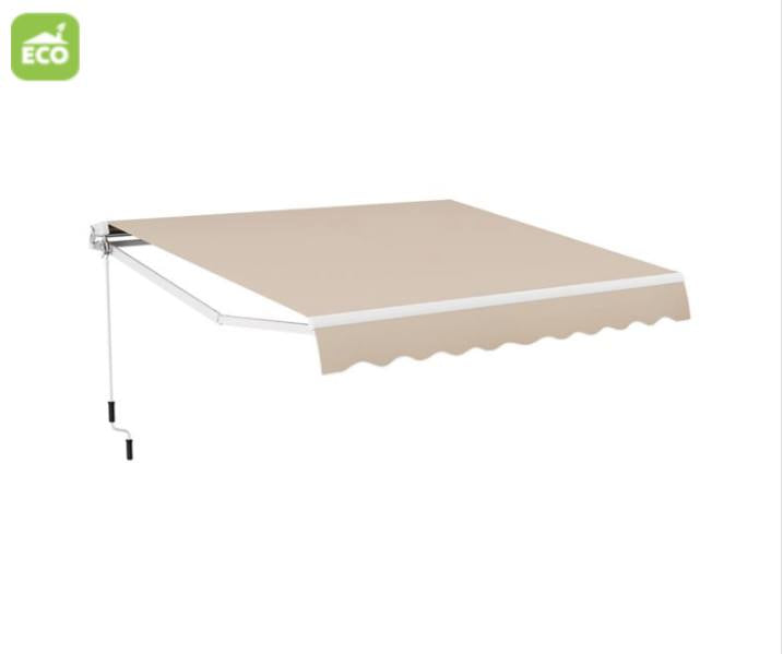 Beige retractable awning with white trim