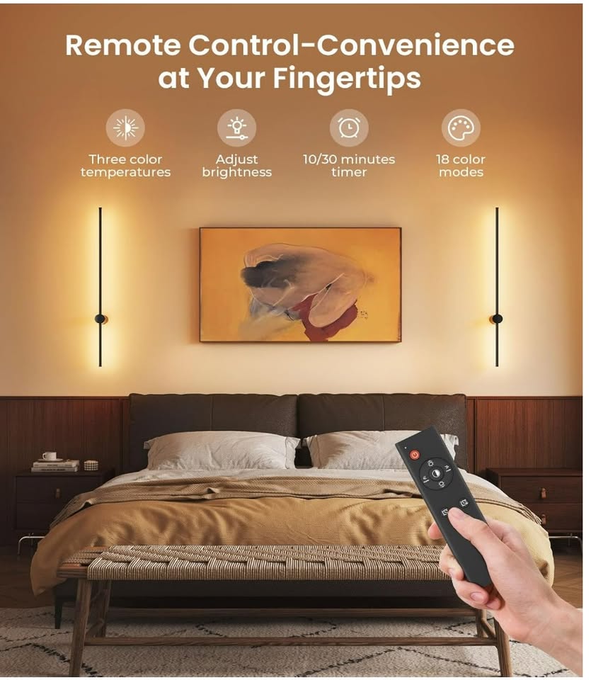 Bedroom scene with a hand holding a remote control, showcasing features like three color temperatures, adjust brightness, timer, and color modes.