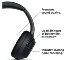 Black headphones with text highlighting features