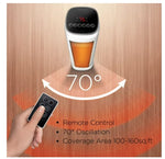Remote-controlled device with a glass of beer on a wooden surface, showing temperature control and remote features.