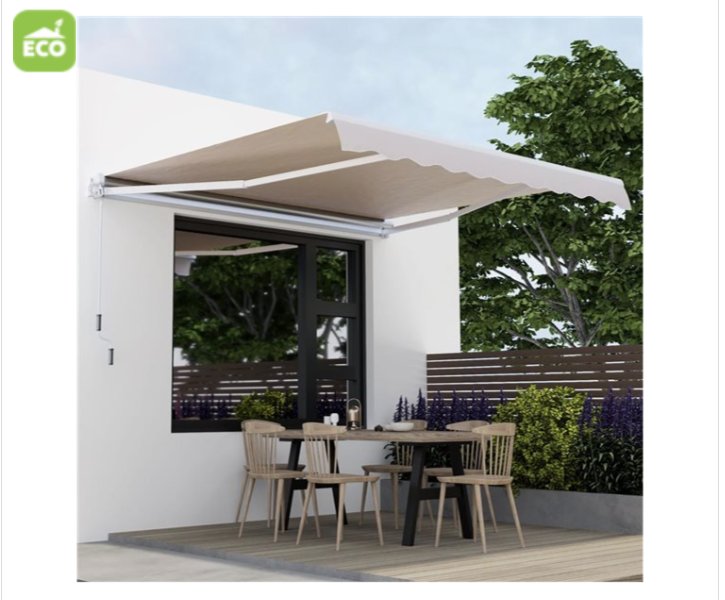 Retractable awning over an outdoor dining area with a clear sky and trees