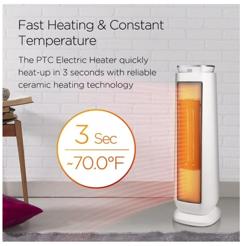 PTC electric heater with text about fast heating and constant temperature in a room setting.