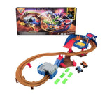 Toy race track set with cars