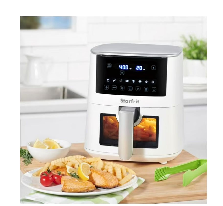 White and black air fryer with digital display for temperature control