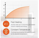 Graph showing temperature increase over time with text about fast heating and constant temperature features.