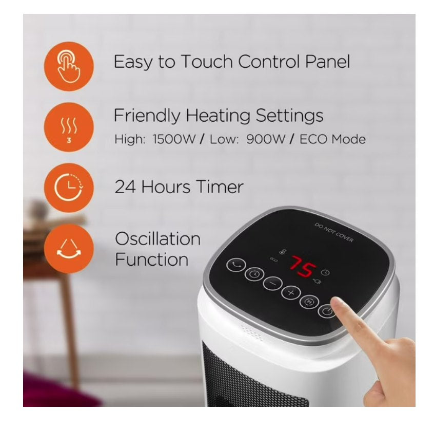 Heater control panel with features listed and a hand pressing a button.