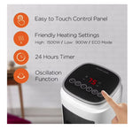 Heater control panel with features listed and a hand pressing a button.