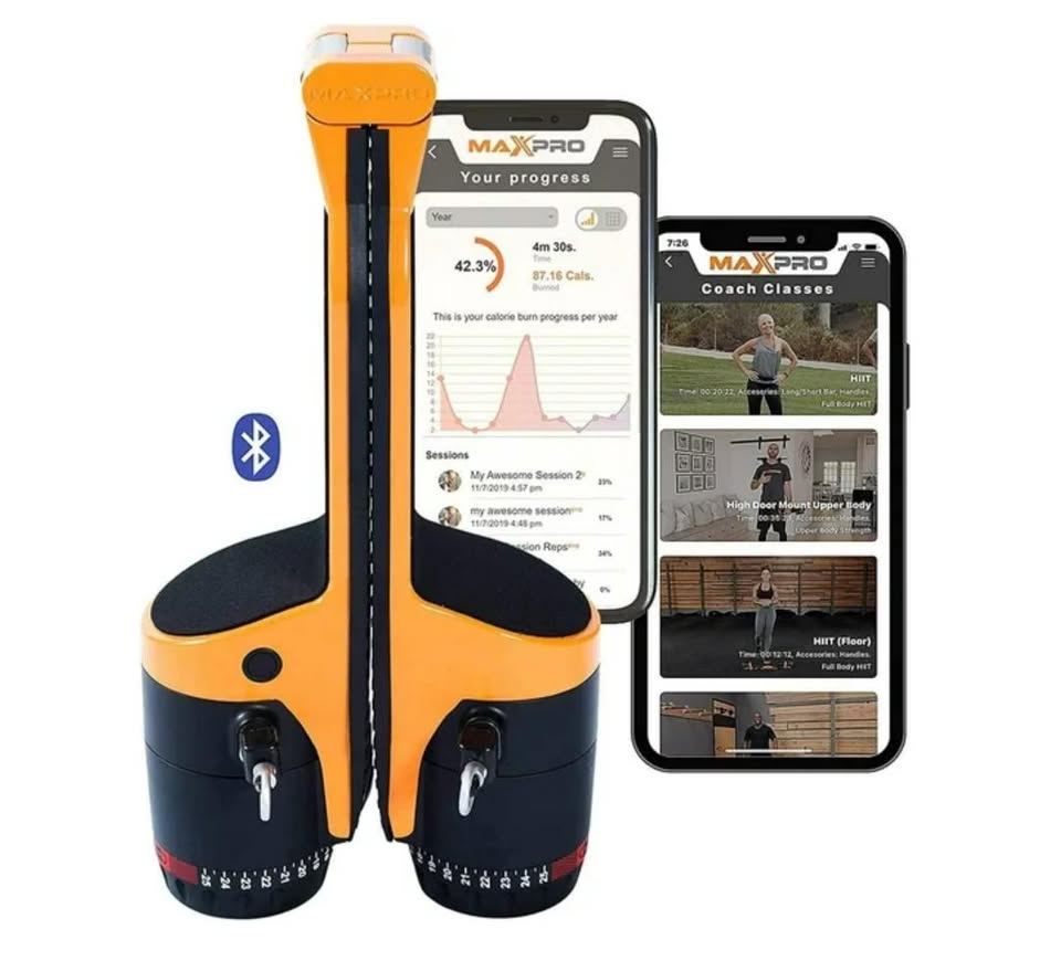 MaxPro fitness device with smartphone displaying app interface