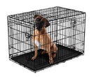 Black metal crate dog inside