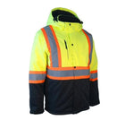 High visibility safety jacket with reflective stripes