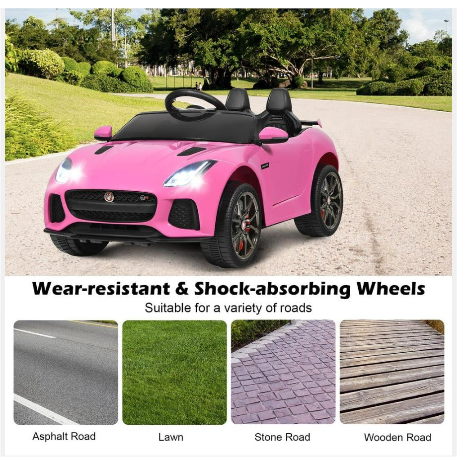 Pink toy car with wear resistant and shock absorbing wheels