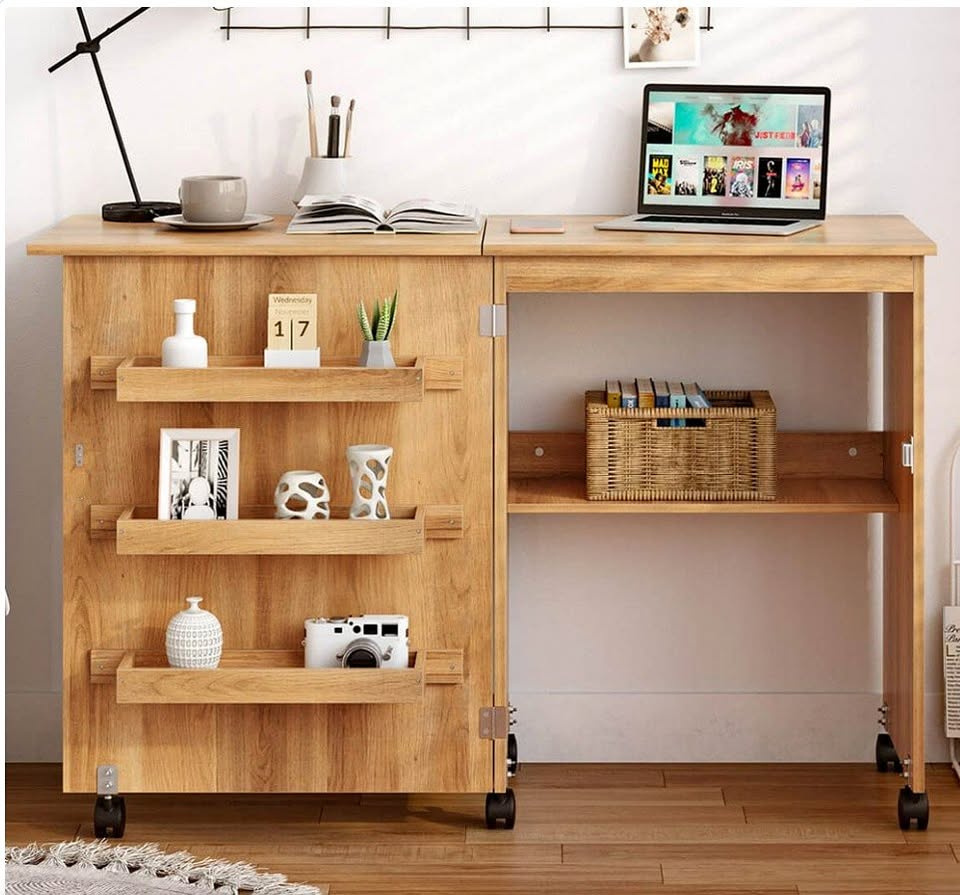 Folding Sewing Craft Table Shelf Storage Cabinet Home Furniture, Natural