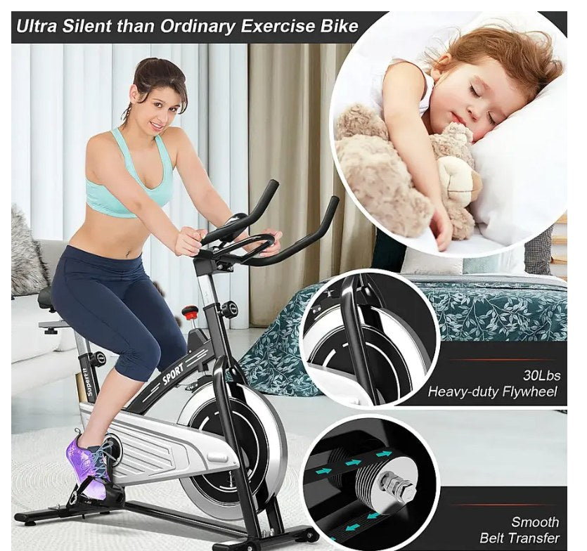 30Lbs Stationary Training Bike Exercising Bicycle W/Monitor Gym - Black/Silver