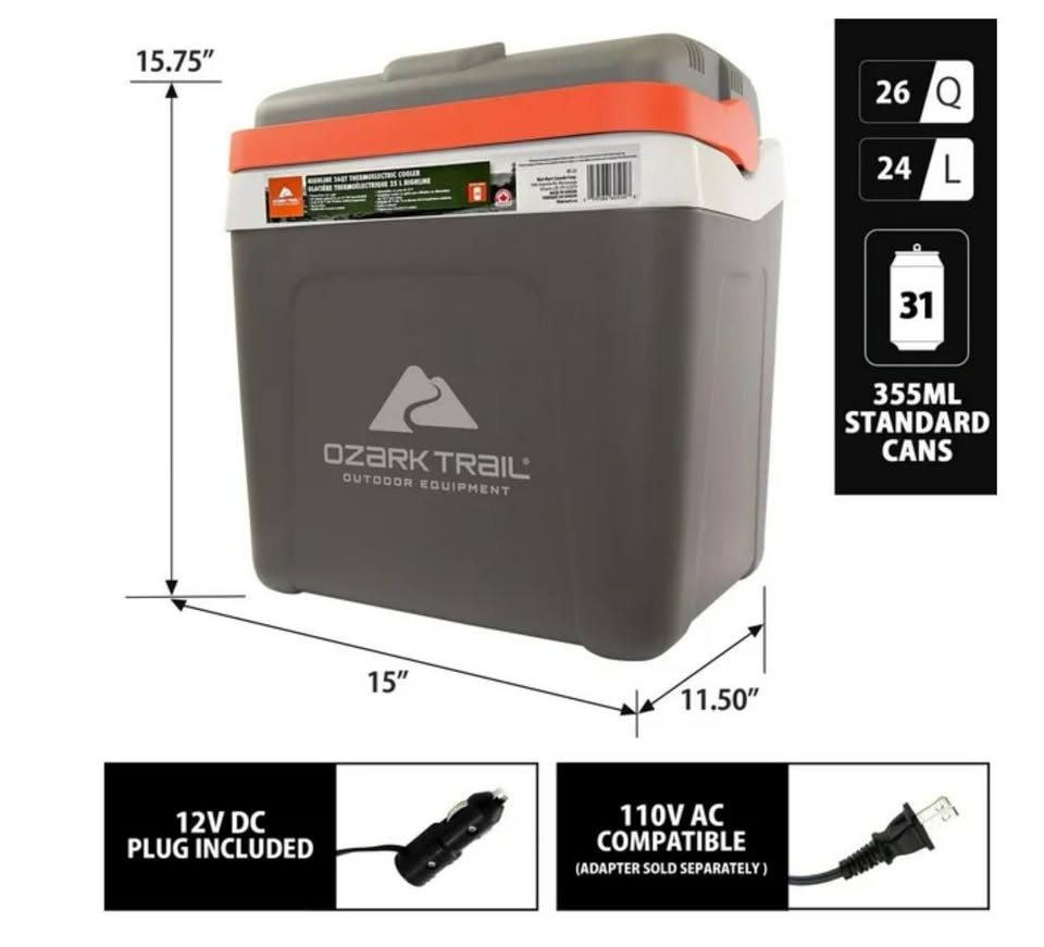 Ozark Trail 26 Quart Thermoelectric Cooler, Portable Travel chest Cooler, Highline 12V Iceless 30