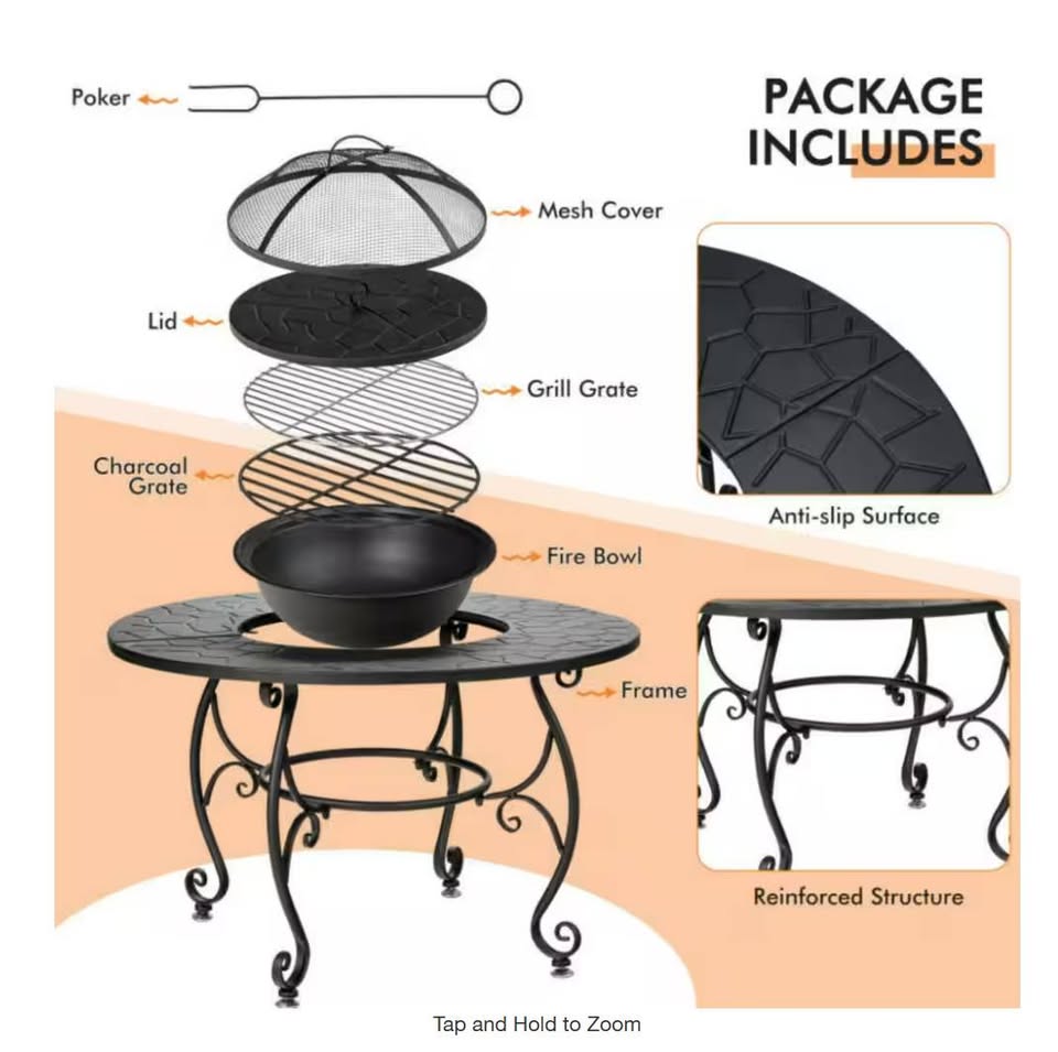 35.5 in. Black Metal Patio Outdoor Wood Burning Fire Pit Table Multifunctional Dining Table