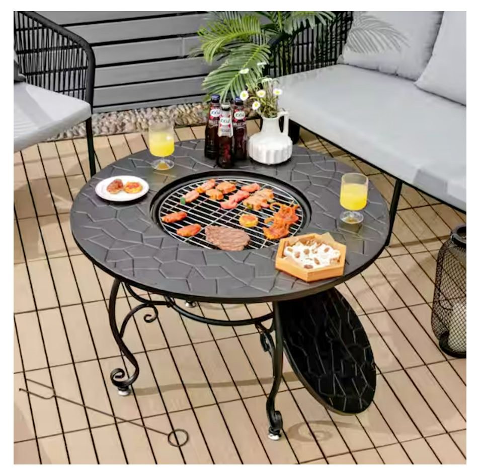 35.5 in. Black Metal Patio Outdoor Wood Burning Fire Pit Table Multifunctional Dining Table