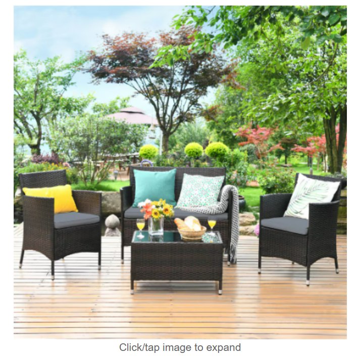 4PCS Rattan Patio Furniture Set Cushioned Sofa Chair Coffee Table Garden Grey