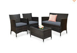 4PCS Rattan Patio Furniture Set Cushioned Sofa Chair Coffee Table Garden Grey
