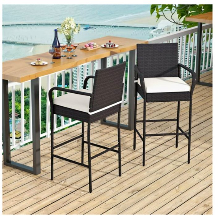 2-Piece Black Wicker Counter Height Cushioned Patio Barstools