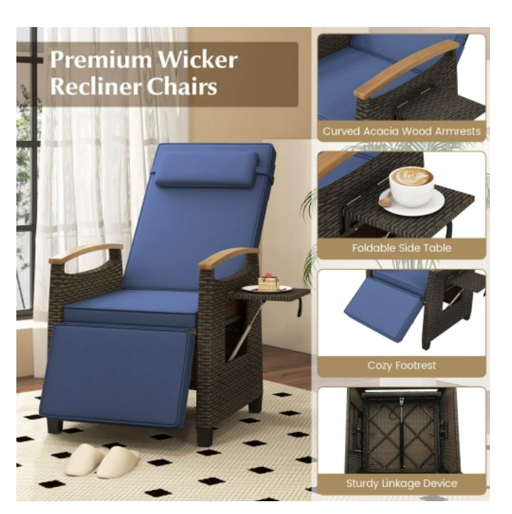 1 Piece Wicker Patio Recliner Chair with Flip-Up Footrest and Adjustable Backrest, Navy Blue
