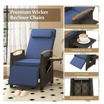 1 Piece Wicker Patio Recliner Chair with Flip-Up Footrest and Adjustable Backrest, Navy Blue