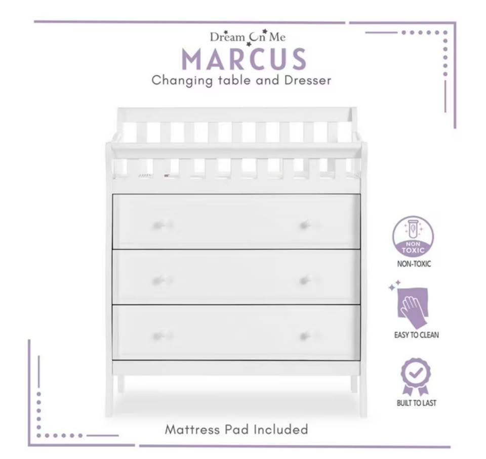 Dream On Me Marcus changing Table and Dresser, 3 spacious drawers