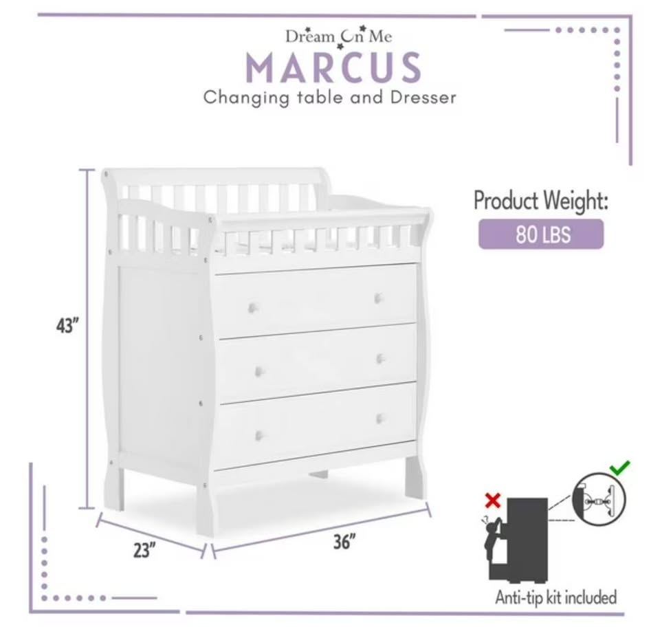 Dream On Me Marcus changing Table and Dresser, 3 spacious drawers
