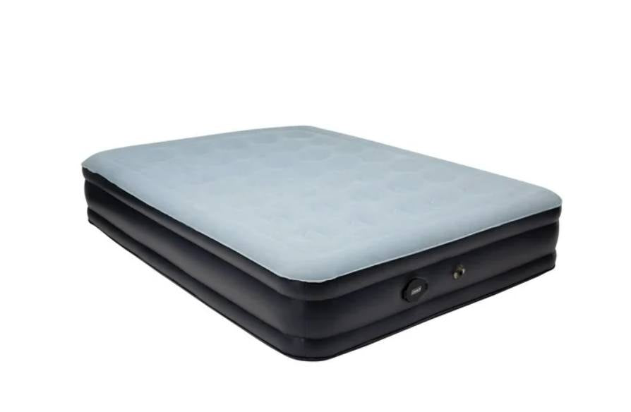 Inflatable air mattress with a gray top and black frame