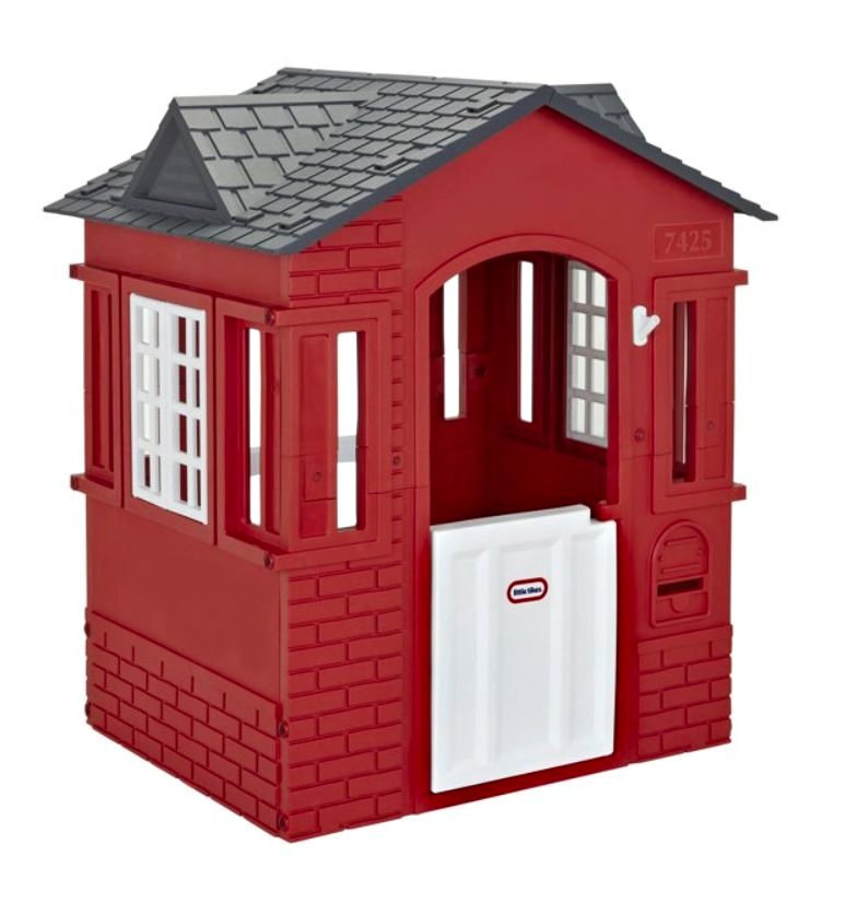 Red playhouse with a gray roof on a white background