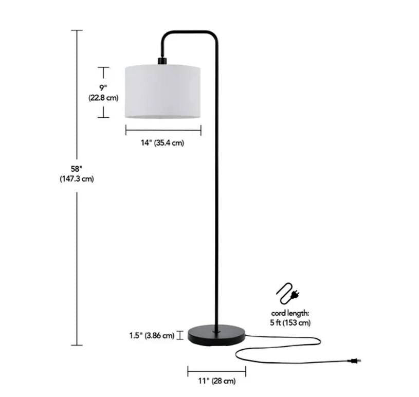 Floor lamp with dimensions labeled.